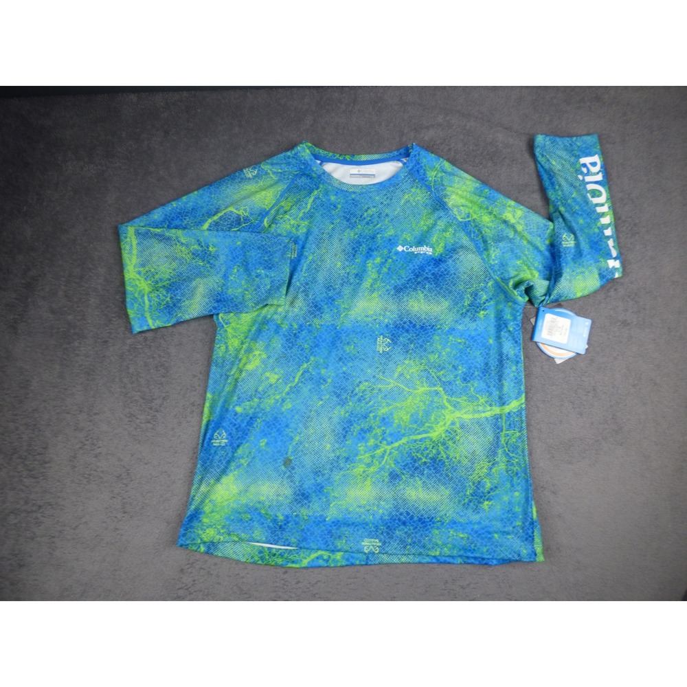 Columbia PFG Terminal Tackle Mens Large Blue Lime RealTree Mako Fishing L/S